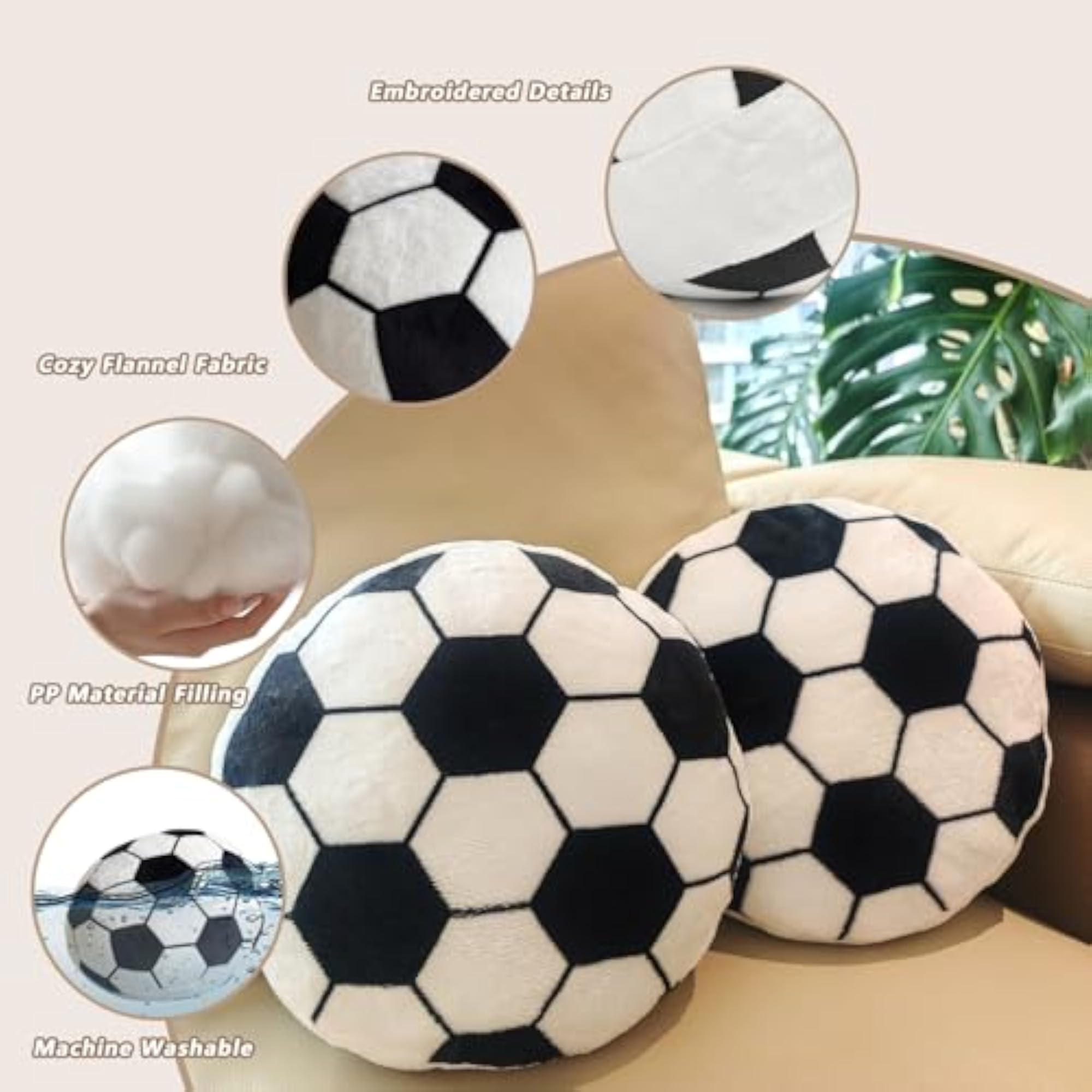Soccer Ball Plush Pillow, Throw Cushion, Room Decor Gift, 2 Pack